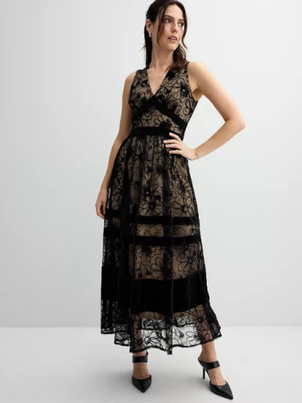 Taylor Size 10 Flocked Velvet Floral V Neck Midi Maxi Dress Black Nude